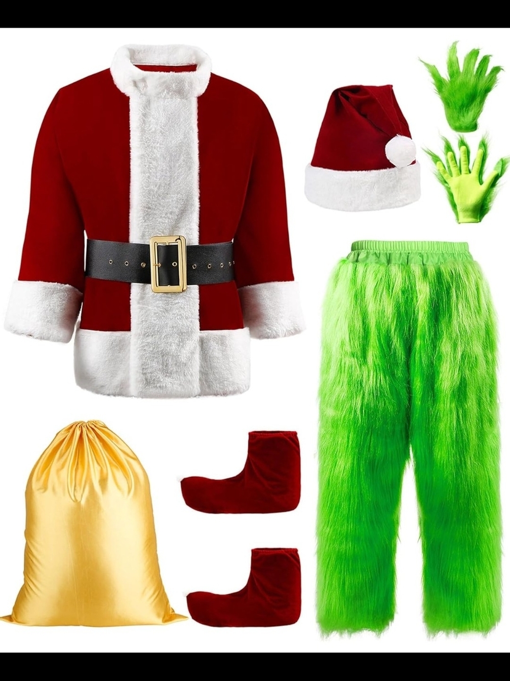 Men's Grinch-Inspired Santa Costume 8 Pcs (No Size Label)